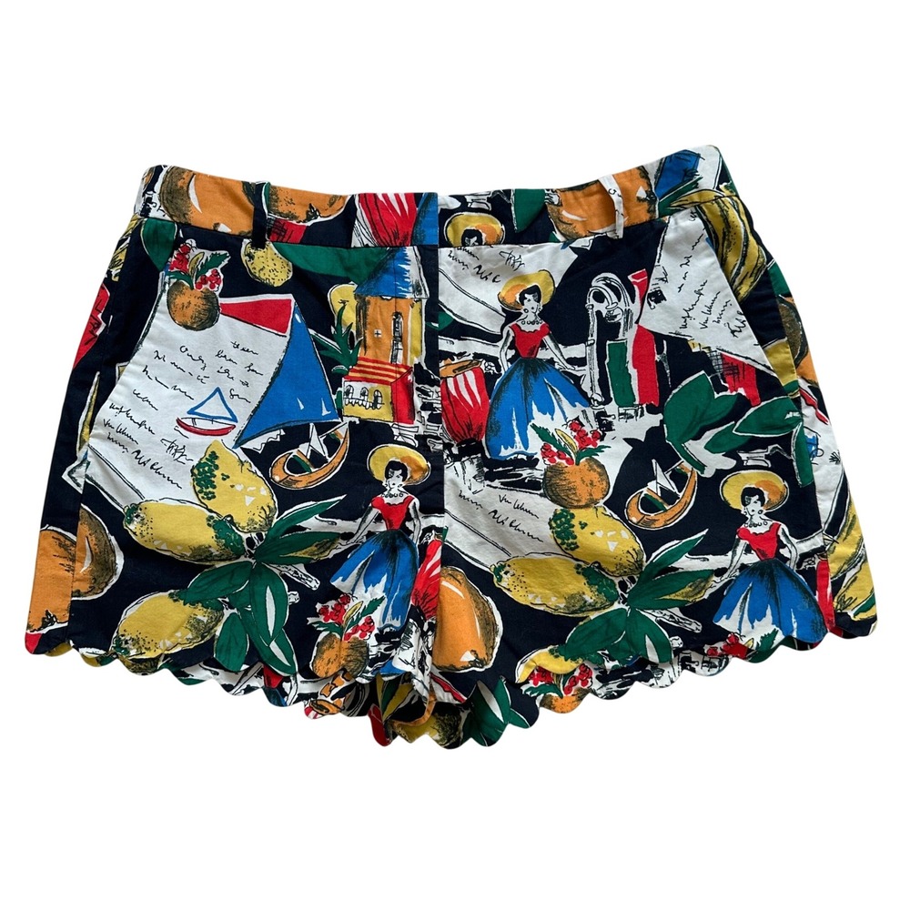 JCrew Postcard Print Shorts Women 12 Black Fruit Scalloped Cotton Tropical Beach